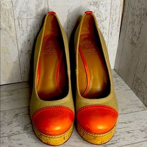 Tory Burch Cork, Canvas, Leather 4 inch Wedge